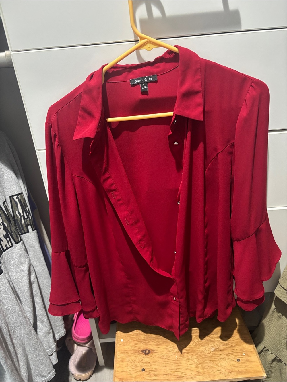 Sami & Jo Deep Red Ruffle Sleeve Button-Down Blouse
